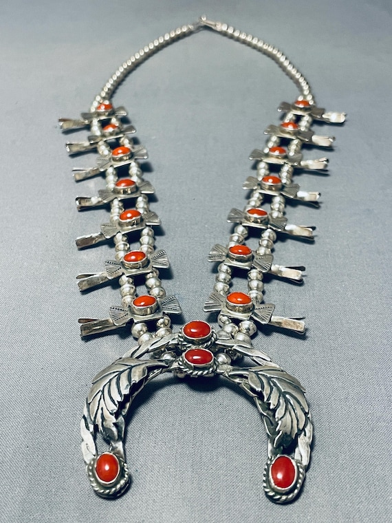 Women's Authentic Vintage Native American Navajo Coral Sterling Silver Squash Blossom Necklace Women's Authentic Vintage Native American Navajo Coral Sterling Silver Squash Blossom Necklace