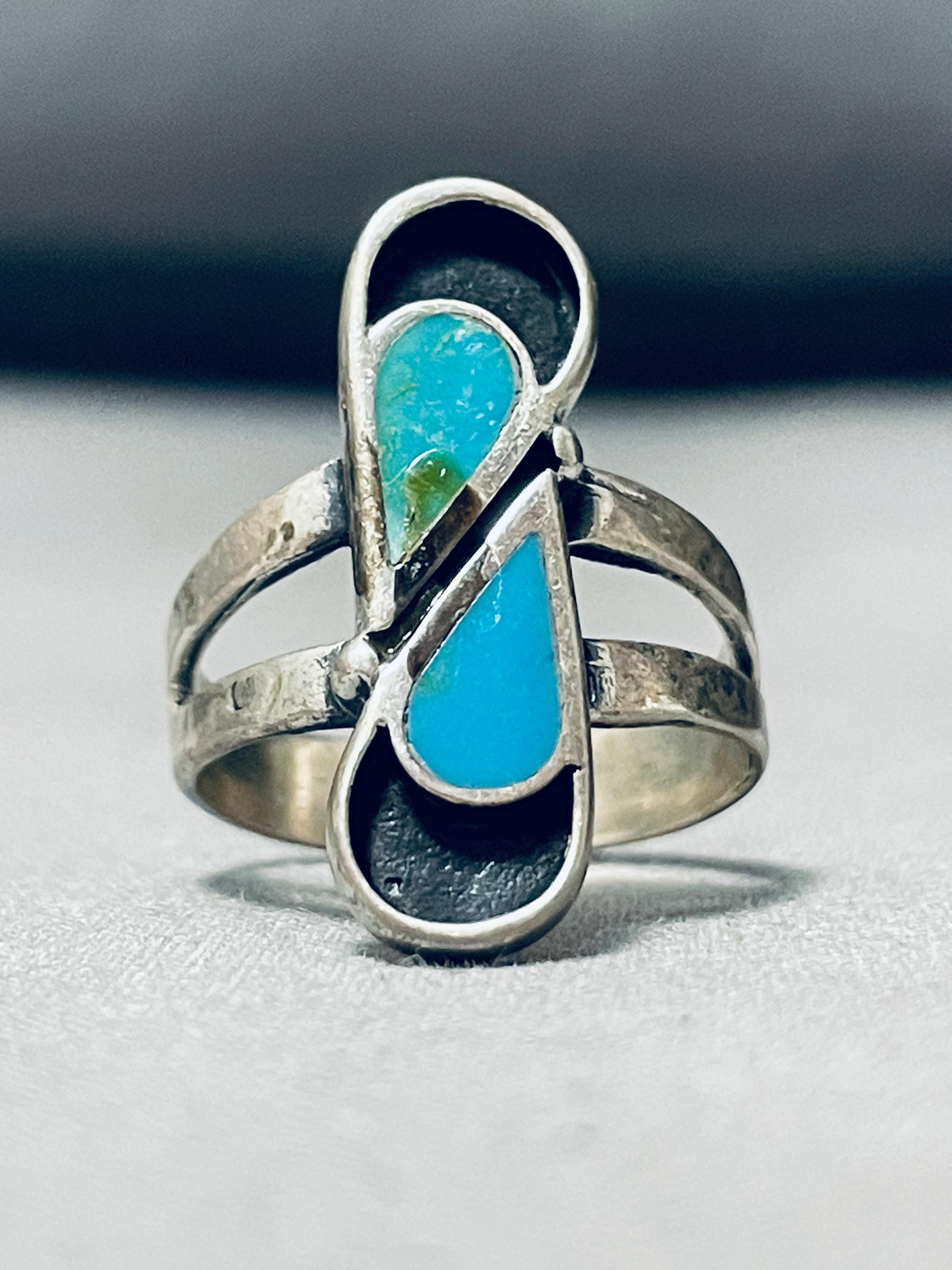 Huge Vintage Zuni 'Tears Of Joy Turquoise' Native American Jewelry Silver Ring Old Huge Vintage Zuni 'Tears Of Joy Turquoise' Native American Jewelry Silver Ring Old