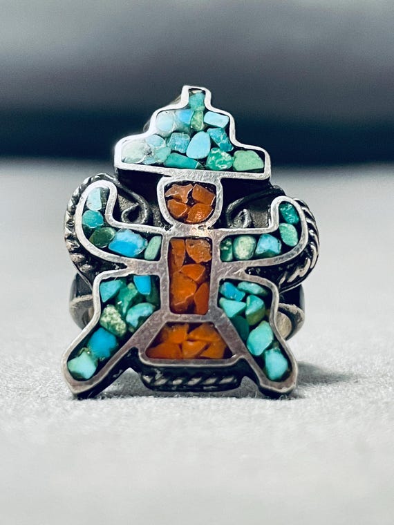 Opulent Vintage Hopi Turquoise Coral Native American Jewelry Silver Ring Old Opulent Vintage Hopi Turquoise Coral Native American Jewelry Silver Ring Old