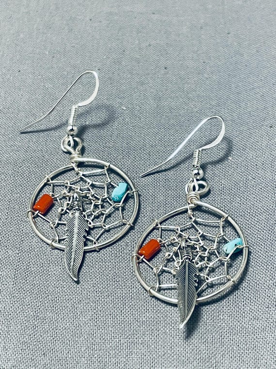 Fabulous Native American Navajo Turquoise Sterling Silver Dreamcatcher Earrings Fabulous Native American Navajo Turquoise Sterling Silver Dreamcatcher Earrings