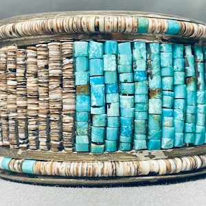 Eye Catching Best Vintage Native American Navajo Turquoise Heishi Sterling Silver Bracelet Eye Catching Best Vintage Native American Navajo Turquoise Heishi Sterling Silver Bracelet