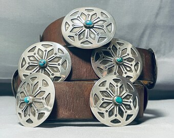 Star Wheel Vintage Native American Navajo Turquoise Sterling Silver Concho Belt Old - Make An Offer!