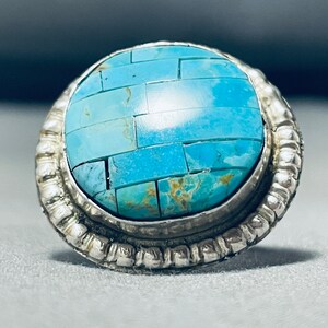 Huge Turquoise Brick Wall Native American Navajo Sterling Silver Inlay Ring Huge Turquoise Brick Wall Native American Navajo Sterling Silver Inlay Ring