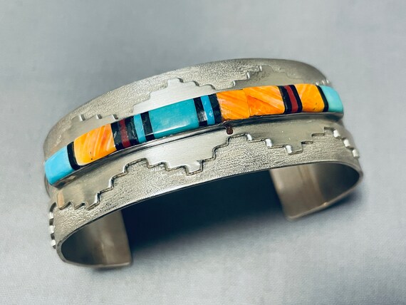 Pueblo Hand Hammered Vintage Native American Navajo Turquoise Inlay Sterling Silver Bracelet Pueblo Hand Hammered Vintage Native American Navajo Turquoise Inlay Sterling Silver Bracelet