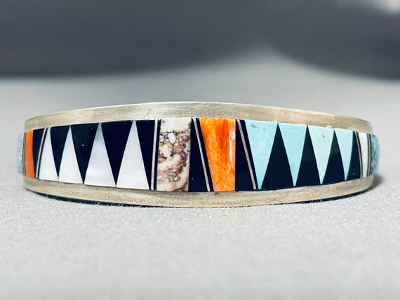 Superior Vintage Native American Navajo Graduating Turquoise Inlay Sterling Silver Bracelet Superior Vintage Native American Navajo Graduating Turquoise Inlay Sterling Silver Bracelet