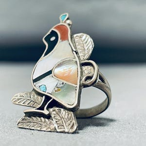 Intriguing Vintage Native American Zuni Turquoise Inlay Sterling Silver Quail Ring Intriguing Vintage Native American Zuni Turquoise Inlay Sterling Silver Quail Ring
