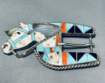 Important Vintage Native American Zuni Turquoise Sterling Silver Horse Buckle - Make An Offer!