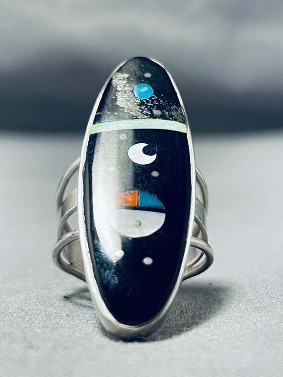 Fabulous Native American Navajo Jet Sterling Silver Cosmic Ring Fabulous Native American Navajo Jet Sterling Silver Cosmic Ring