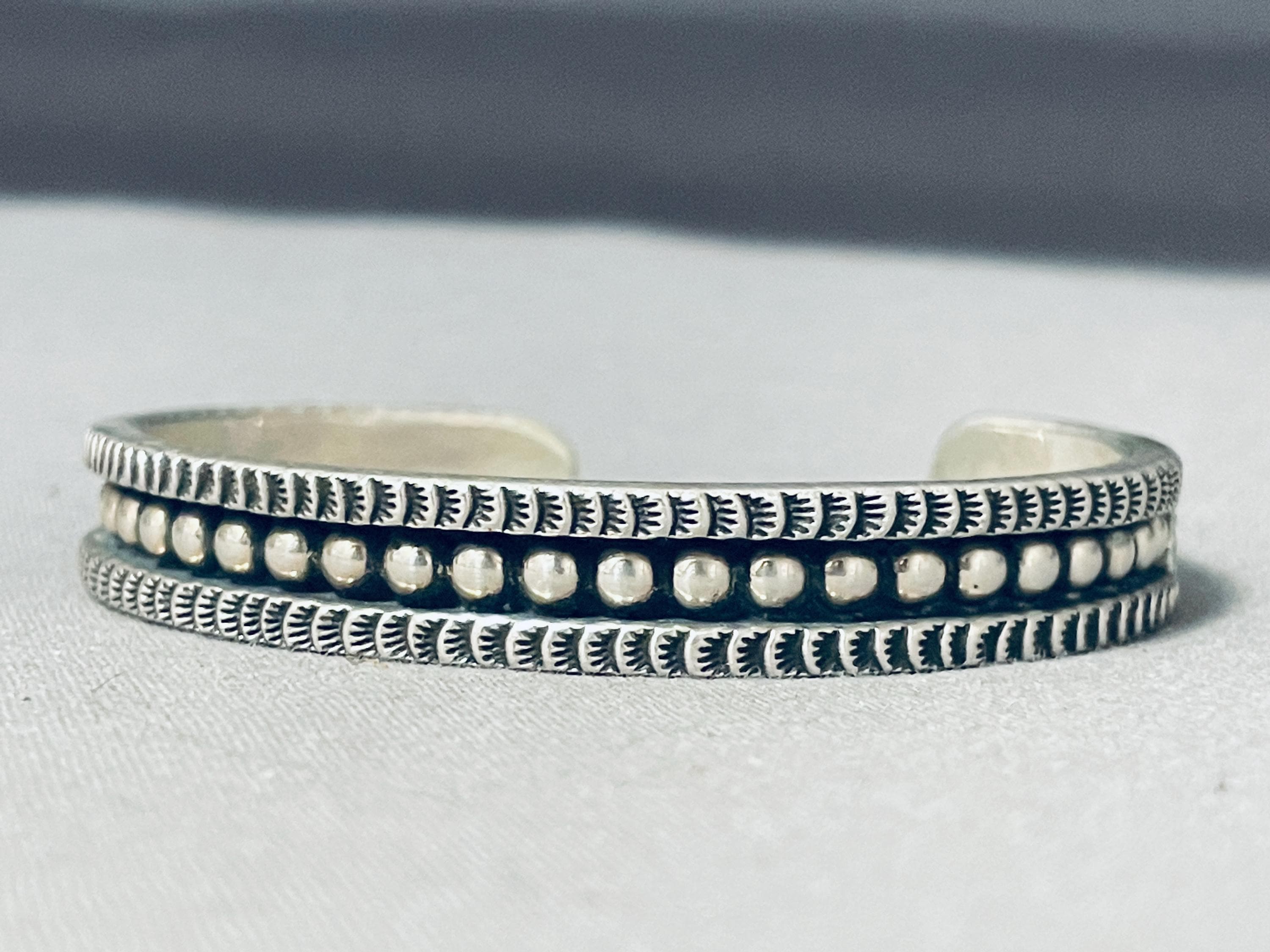 Extreme Stamp Native American Navajo Sterling Silver Bracelet Signed J. Delgarito Extreme Stamp Native American Navajo Sterling Silver Bracelet Signed J. Delgarito
