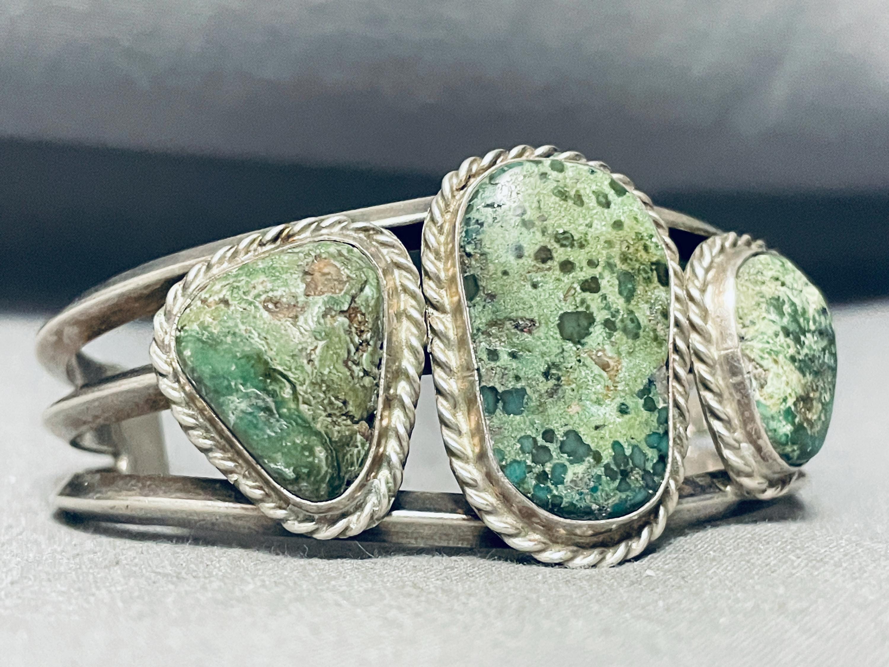Most Unique Spotted Green Jasper Vintage Native American Navajo Sterling Silver Bracelet Most Unique Spotted Green Jasper Vintage Native American Navajo Sterling Silver Bracelet