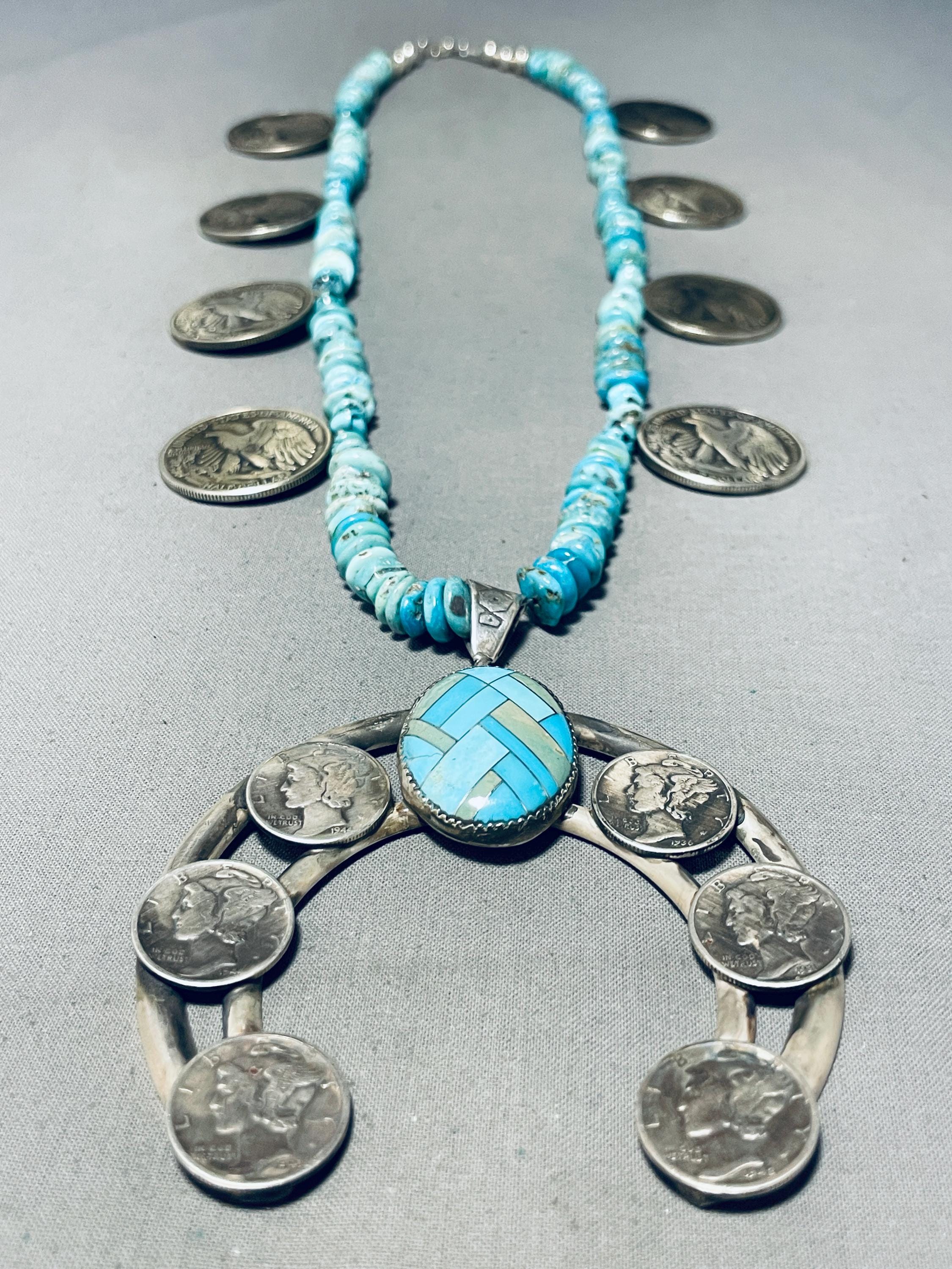 Mind-blowing Navajo/ Sioux Turquoise & Usa Coin Sterling Silver Necklace Mind-blowing Navajo/ Sioux Turquoise & Usa Coin Sterling Silver Necklace