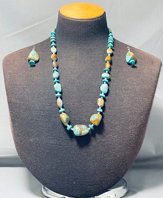 Chunky Boulder Turquoise Vintage Native American Navajo Sterling Silver Necklace Earrings Chunky Boulder Turquoise Vintage Native American Navajo Sterling Silver Necklace Earrings