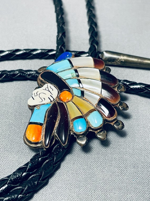 Important Older Vintage Native American Navajo Turquoise Chief Sterling Silver Bolo Tie Important Older Vintage Native American Navajo Turquoise Chief Sterling Silver Bolo Tie