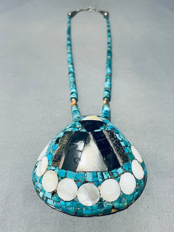 Benny Pencio Vintage Santo Domingo Turquoise Inlay Sterling Silver Necklace Benny Pencio Vintage Santo Domingo Turquoise Inlay Sterling Silver Necklace