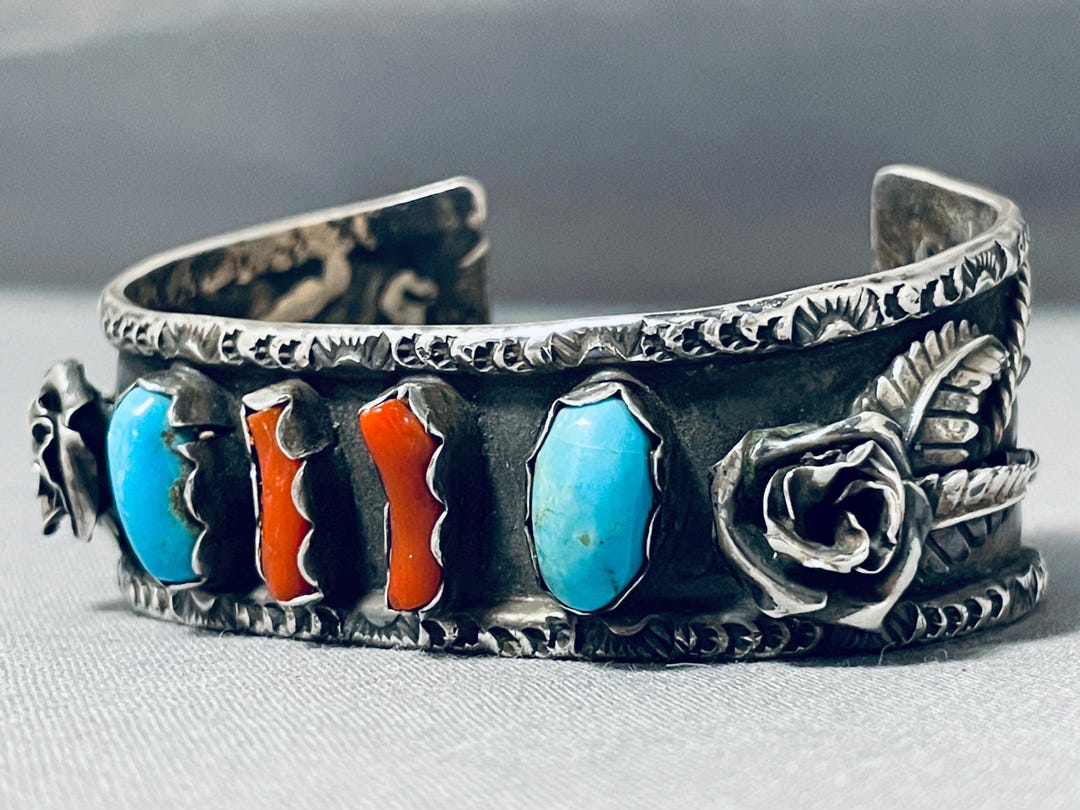 Detailed Flower Vintage Native American Navajo Turquoise Coral Sterling ...