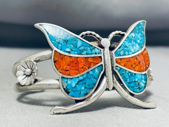 Whimsical Native American Zuni Turquoise Coral Chip Inlay Sterling Silver Butterfly Bracelet Whimsical Native American Zuni Turquoise Coral Chip Inlay Sterling Silver Butterfly Bracelet