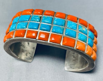 Very Important Vintage Native American Navajo Harry Morgan Coral Sterling Silver Bracelet - Make An Offer!