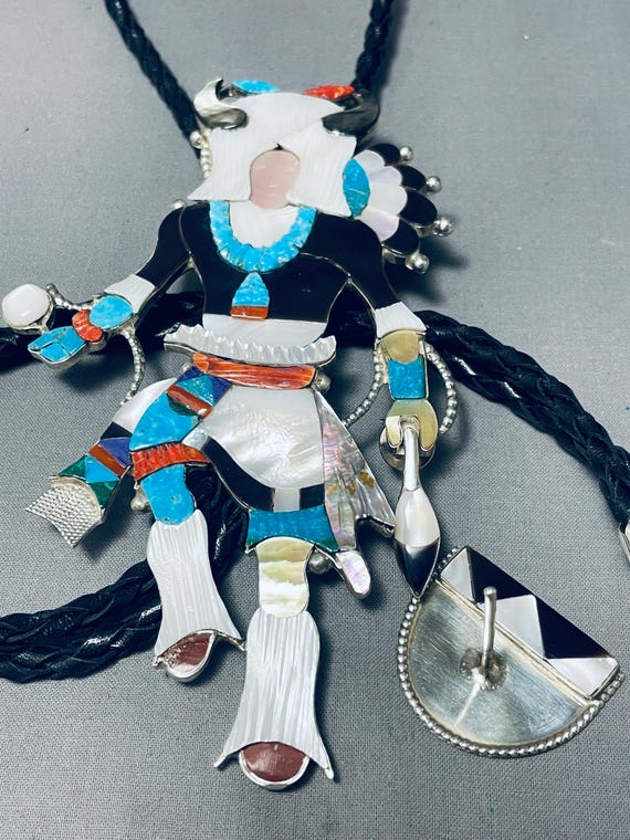 Six Inch Tall Native American Zuni Turquoise Sterling Silver Bolo Tie Statue With Stand Six Inch Tall Native American Zuni Turquoise Sterling Silver Bolo Tie Statue With Stand
