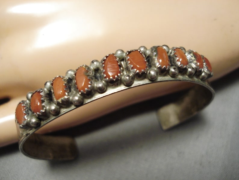 Stunning Vintage Native American Navajo Chunky Red Coral Sterling Silver Bracelet Old
