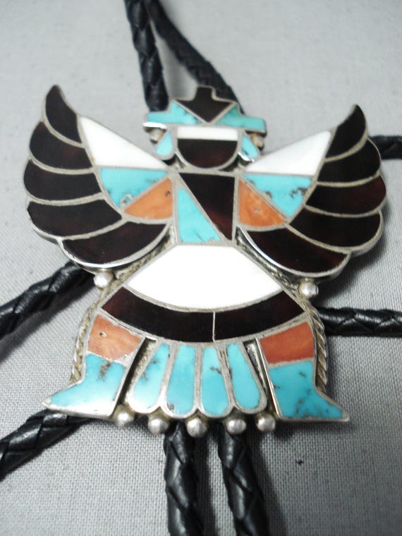 Amazing Vintage Native American Zuni Turquoise Coral Jet Sterling Silver Knifewing Bolo Amazing Vintage Native American Zuni Turquoise Coral Jet Sterling Silver Knifewing Bolo