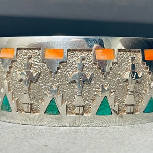 Symbolic Yei Vintage Native American Navajo Turquoise Sterling Silver Inlay Bracelet Symbolic Yei Vintage Native American Navajo Turquoise Sterling Silver Inlay Bracelet
