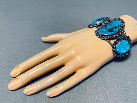 Museum Vintage Native American Navajo Old Morenci Turquoise Sterling Silver Bracelet Museum Vintage Native American Navajo Old Morenci Turquoise Sterling Silver Bracelet