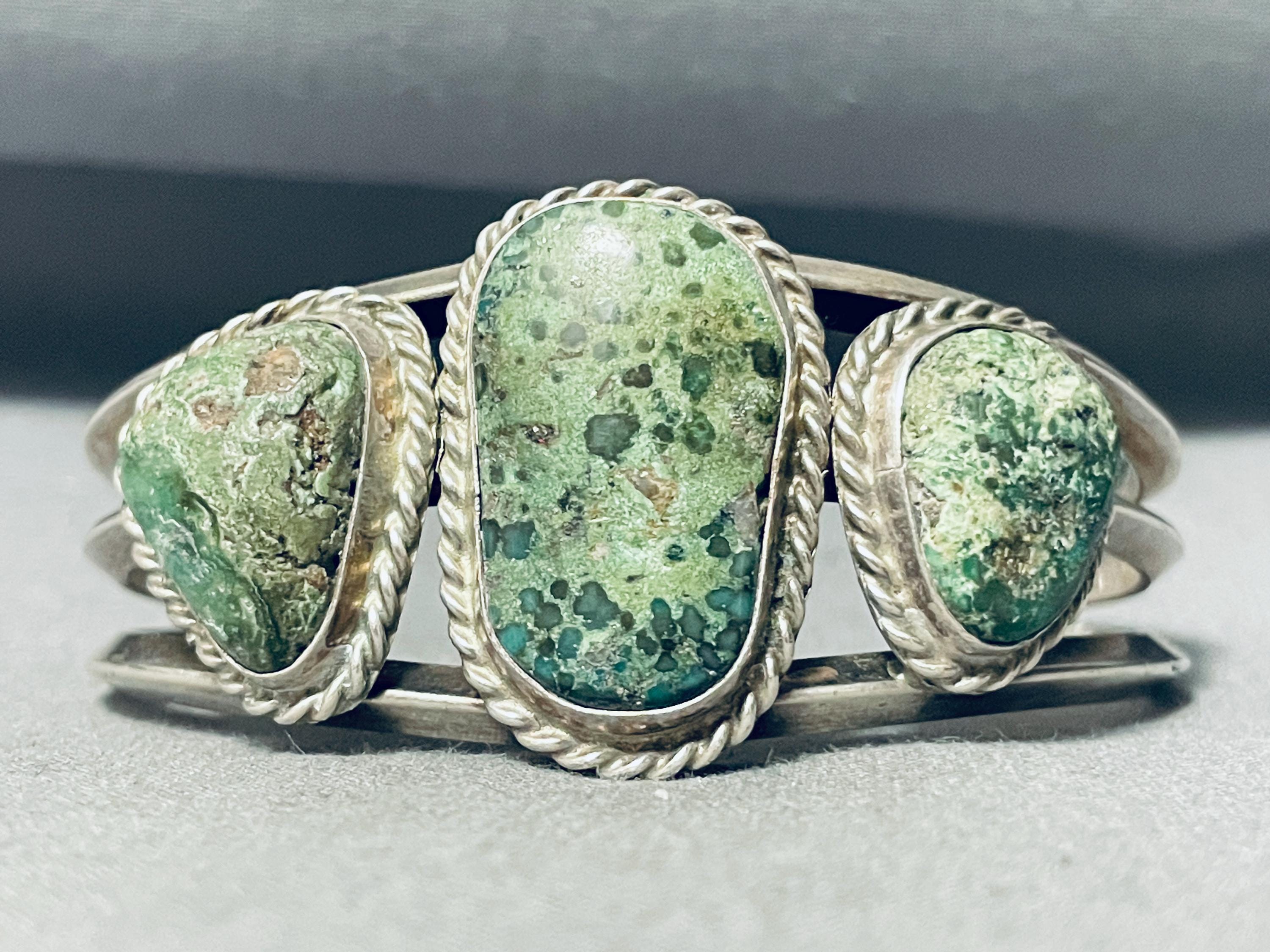 Most Unique Spotted Green Jasper Vintage Native American Navajo Sterling Silver Bracelet Most Unique Spotted Green Jasper Vintage Native American Navajo Sterling Silver Bracelet