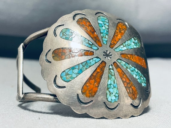 Wagonwheel Inlay Vintage Native American Navajo Turquoise Coral Sterling Silver Bracelet Wagonwheel Inlay Vintage Native American Navajo Turquoise Coral Sterling Silver Bracelet