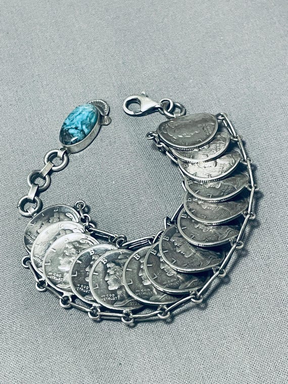 Amazing Native American Navajo Signed Blue Diamond Turquoise 14 Silver Dimes Bracelet Amazing Native American Navajo Signed Blue Diamond Turquoise 14 Silver Dimes Bracelet
