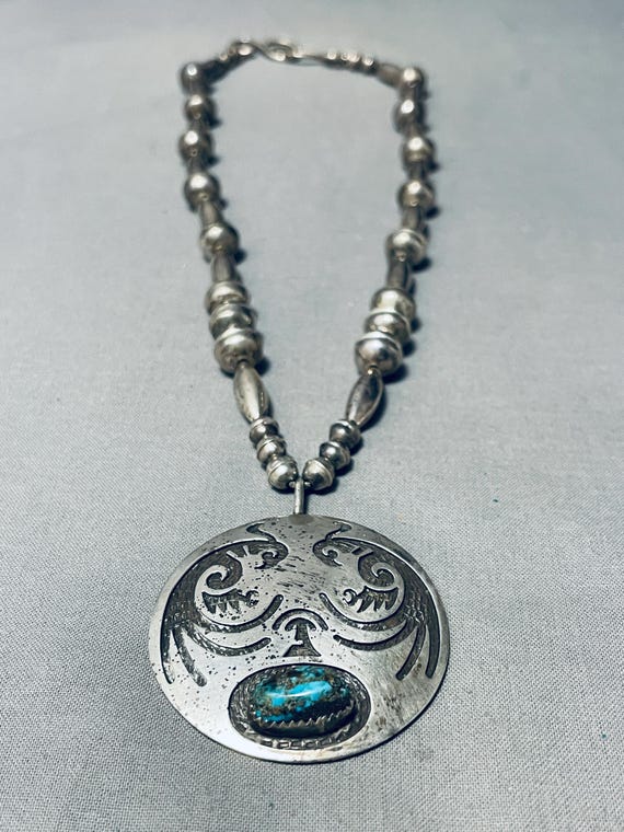 Opulent Huge Vintage Navajo 'Carved Bird' Turquoise Native American Jewelry Silver Squash Necklace Opulent Huge Vintage Navajo 'Carved Bird' Turquoise Native American Jewelry Silver Squash Necklace