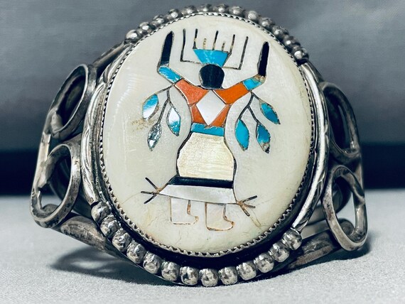 Earlier Native American Zuni Vintage Turquoise Kachina Sterling Silver Inlay Bracelet Earlier Native American Zuni Vintage Turquoise Kachina Sterling Silver Inlay Bracelet