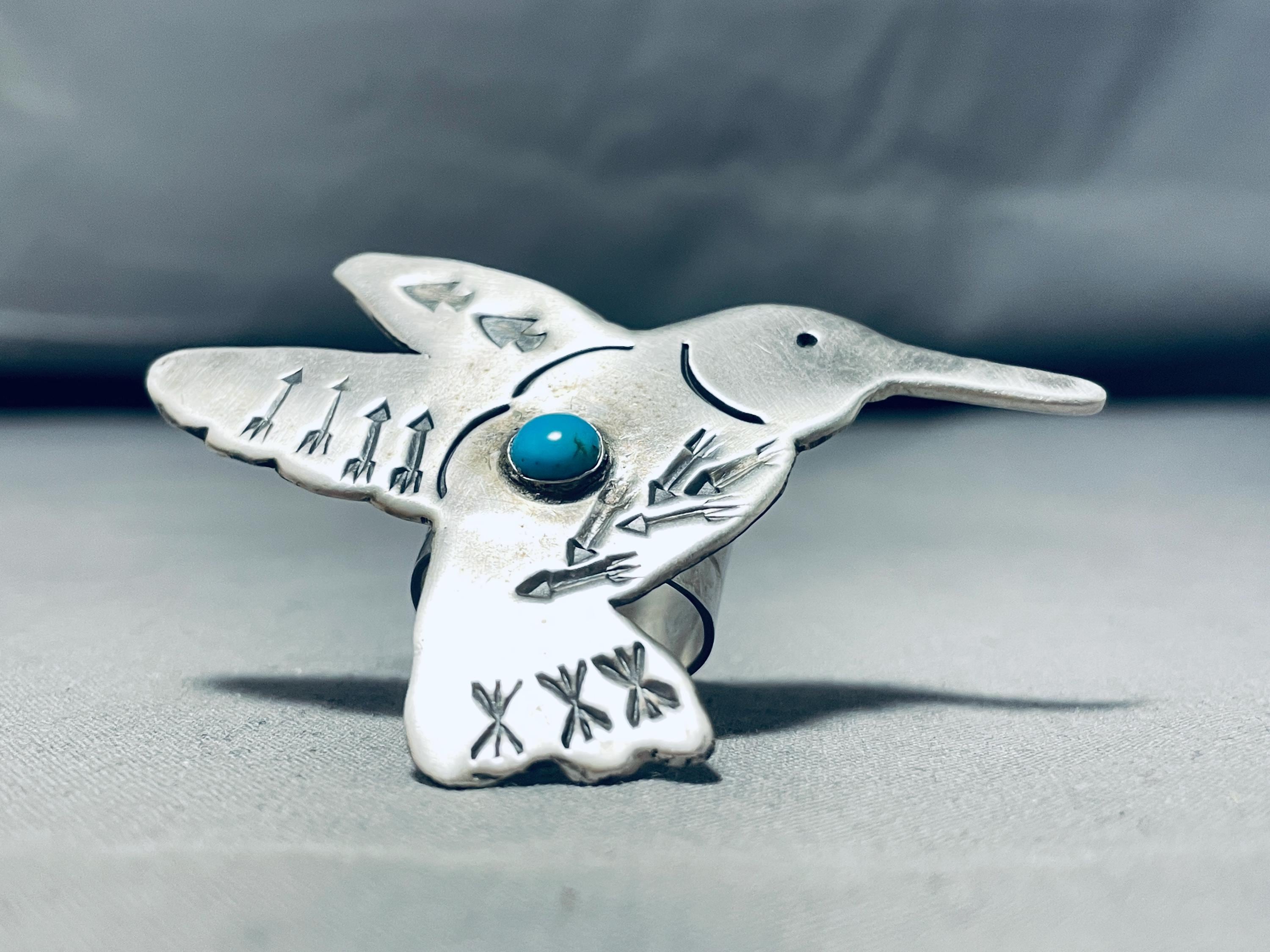 Expressive Native American Navajo Blue Gem Turquoise Sterling Silver Hummingbird Ring Expressive Native American Navajo Blue Gem Turquoise Sterling Silver Hummingbird Ring