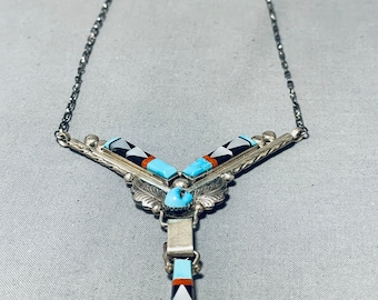 Dropdead Prachtige Bib Vintage Native American Zuni Turquoise Inlay Sterling zilveren ketting - Doe een bod!