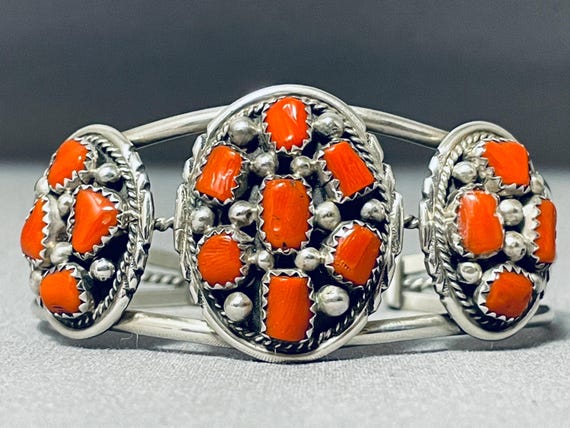 Mel Chee Vintage Native American Navajo Coral Sterling Silver Bracelet Mel Chee Vintage Native American Navajo Coral Sterling Silver Bracelet