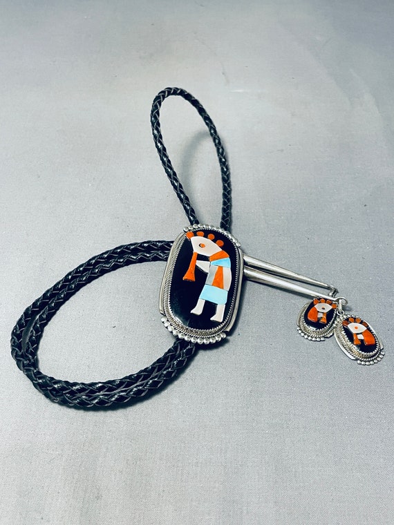 Bev Etsate Native American Zuni Blue Gem Turquoise Coral Sterling Silver Kokopelli Bolo Tie Bev Etsate Native American Zuni Blue Gem Turquoise Coral Sterling Silver Kokopelli Bolo Tie