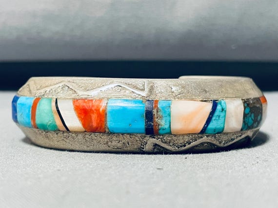 Native American 6.5 Inch Wrist Vintage Navajo Coral Pearl Sterling Silver Inlay Bracelet Native American 6.5 Inch Wrist Vintage Navajo Coral Pearl Sterling Silver Inlay Bracelet