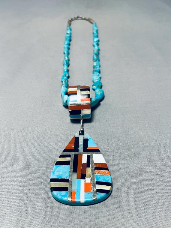 Native American One Of The Best Vintage Santo Domingo Inlay Turquoise Sterling Silver Necklace Native American One Of The Best Vintage Santo Domingo Inlay Turquoise Sterling Silver Necklace