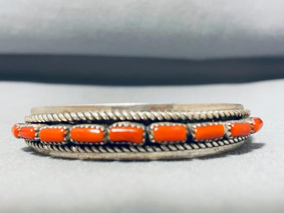 Gorgeous Vintage Signed Native American Navajo 9 Corals Sterling Silver Tso Bracelet Gorgeous Vintage Signed Native American Navajo 9 Corals Sterling Silver Tso Bracelet