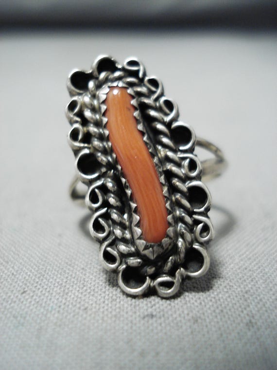 Marvelous Vintage Navajo Native American Coral Sterling Silver Ring Old Marvelous Vintage Navajo Native American Coral Sterling Silver Ring Old