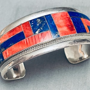 6.5 Inch Wrist Vintage Navajo Spiny Oyster Lapis Sterling Silver Bracelet - Make An Offer!