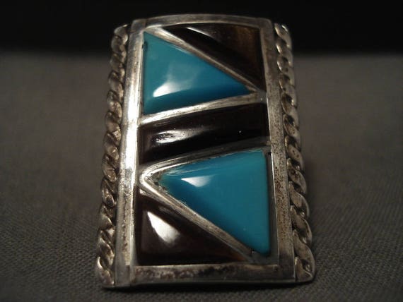 Colossal Vintage Navajo 'Triangular Turquoise Shell' Native American Jewelry Silver Ring Colossal Vintage Navajo 'Triangular Turquoise Shell' Native American Jewelry Silver Ring