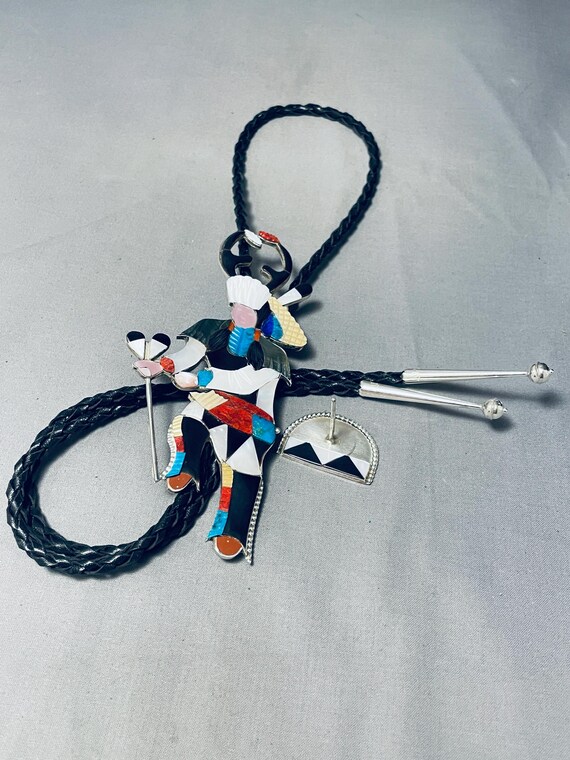 Six Inch Tall Native American Zuni Dancer Statue Turquoise Sterling Silver Bolo Tie Six Inch Tall Native American Zuni Dancer Statue Turquoise Sterling Silver Bolo Tie