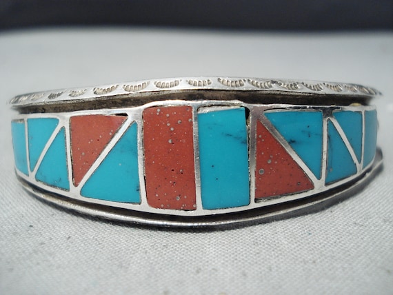 Authentic Vintage Native American Navajo Coral Turquoise Sterling Silver Wave Bracelet Old Authentic Vintage Native American Navajo Coral Turquoise Sterling Silver Wave Bracelet Old