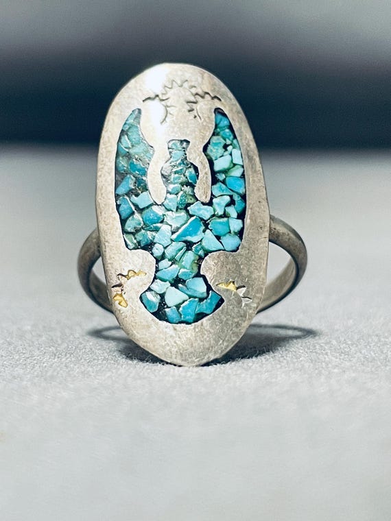 Very Old Authentic Vintage Native American Navajo Turquoise Inlay Sterling Silver Ring Very Old Authentic Vintage Native American Navajo Turquoise Inlay Sterling Silver Ring