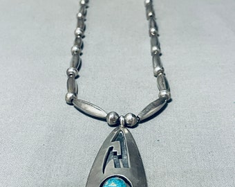 Rare Longer Vintage Native American Navajo Turquoise Geometric Sterling Silver Necklace Old - Make An Offer!