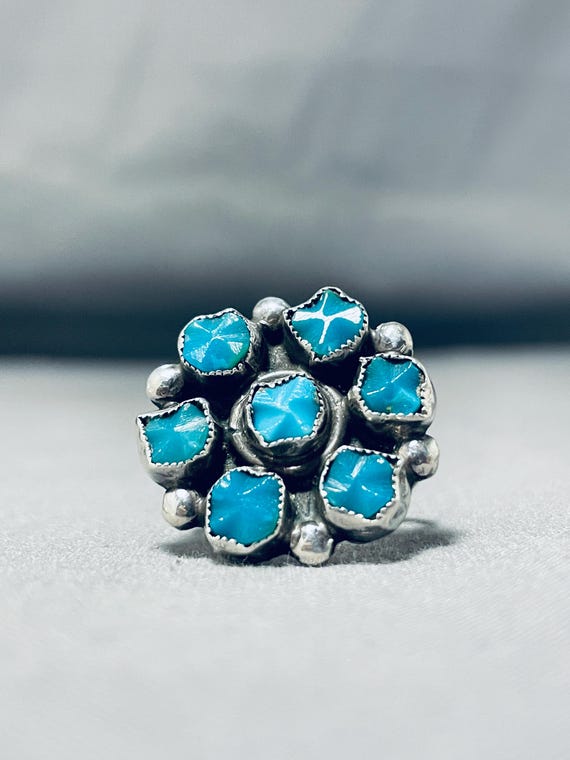 Brilliant Vintage Native American Navajo Carved Turquoise Sterling Silver Flower Ring Brilliant Vintage Native American Navajo Carved Turquoise Sterling Silver Flower Ring