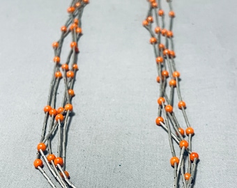 Native American Traditionele Vintage Santo Domingo Koraal Sterling Zilveren Ketting - Doe een bod!