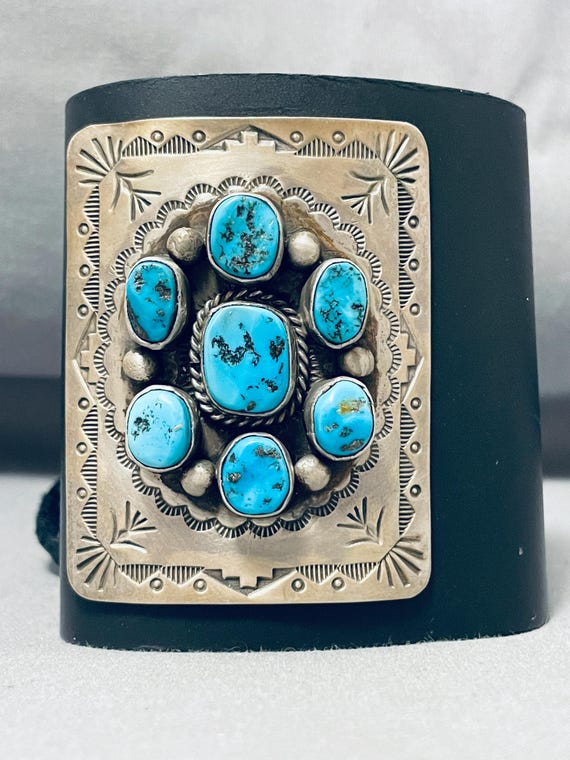 Tremendous Vintage Native American Navajo Morenci Turquoise Sterling Silver Bowguard Tremendous Vintage Native American Navajo Morenci Turquoise Sterling Silver Bowguard