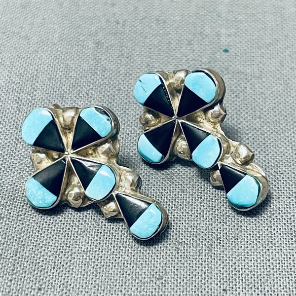 Cross Inlay Vintage Native American Zuni Turquoise Jet Sterling Silver Earrings Old - Make An Offer!
