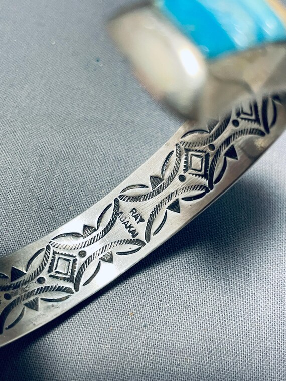 Important Ray Adakai Vintage Native American Navajo Turquoise Sterling Silver Inlay Bracelet Important Ray Adakai Vintage Native American Navajo Turquoise Sterling Silver Inlay Bracelet